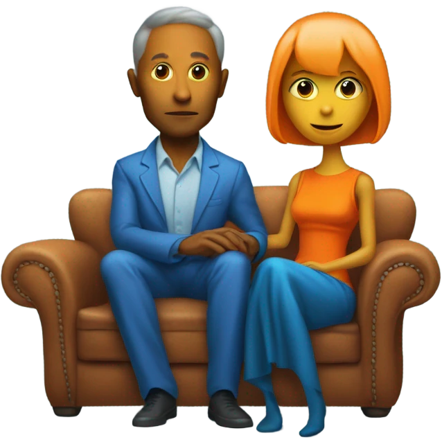 alien reptilian woman in orange dress and humman man in blue, sitting on a couch  emoji