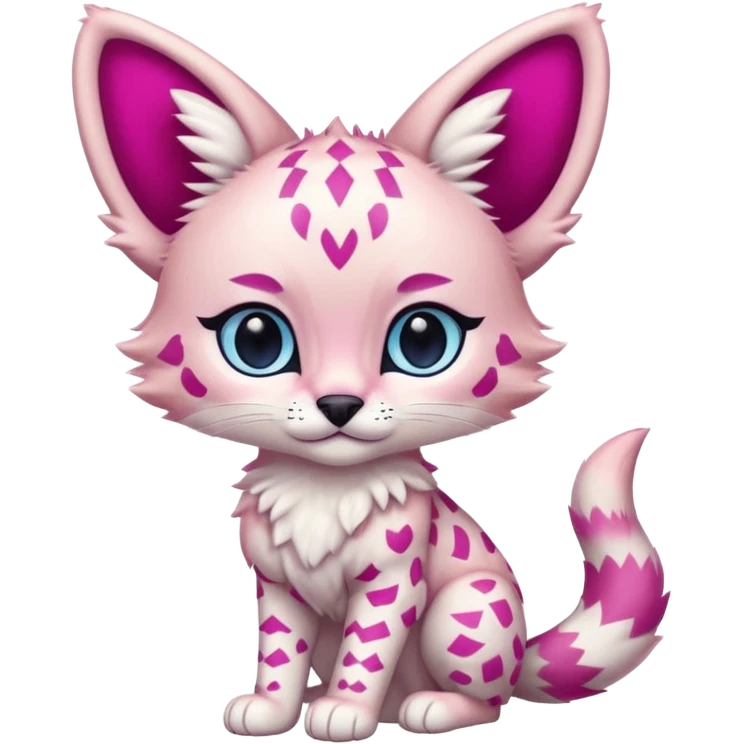 Whitish pastel-rosy-pink chibi cute elegant furry kawaii Serval, with magenta intricate chevron markings, and with big blue eyes,  emoji