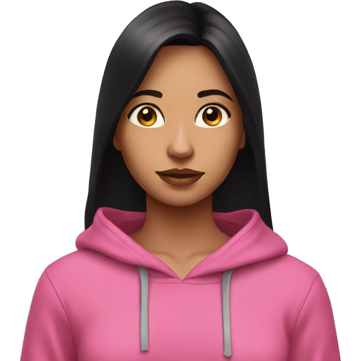 Have a long black hair  girl with intense gaze with pink hoodie  emoji