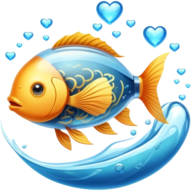 Golden fish in blue water transforming into an omega-3 capsule, with ethereal energy connecting to a heart and brain, showing the origin of omega-3 from fish emoji