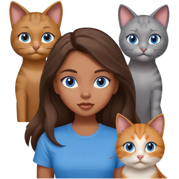 a pretty bratz dusky girl with long brown hair, blue eyes with six cats nd wearing a grey tshirt emoji
