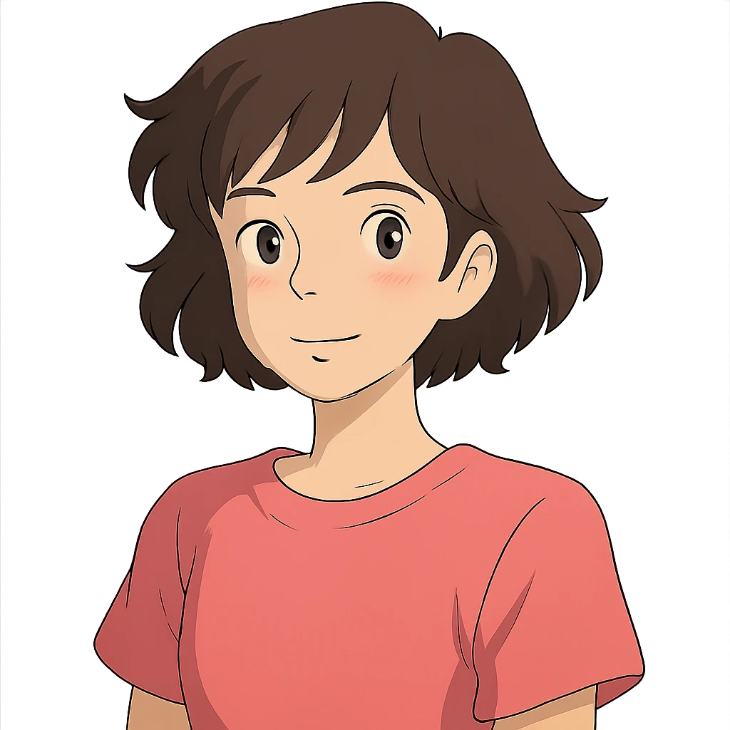ghibli style young brunette woman with short wavy hair to shoulders, wearing a pink t-shirt emoji
