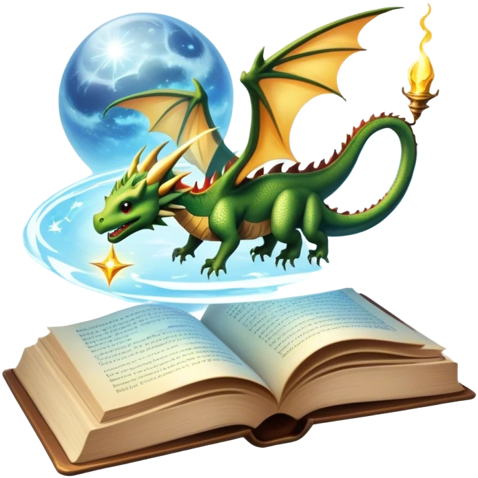 Icon for Fantasy and Sci-Fi Reading: an open book with magical creatures like dragons and fairies flying out, with a futuristic spaceship in the sky and a wizard casting spells. The icon should represent the magic and adventure of fantasy and science fiction worlds. Transparent background. emoji