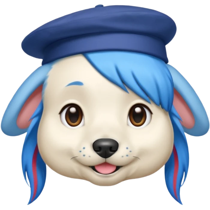 fancy dog with blue hair, wearing hat emoji