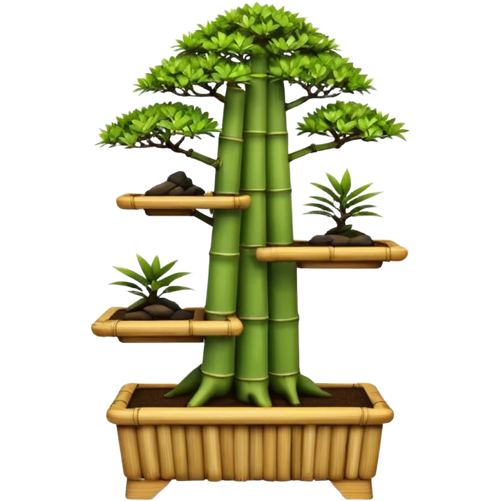 Three tiered bonsai planters stand, shelving holding six specimens,made of inch thick bamboo  emoji