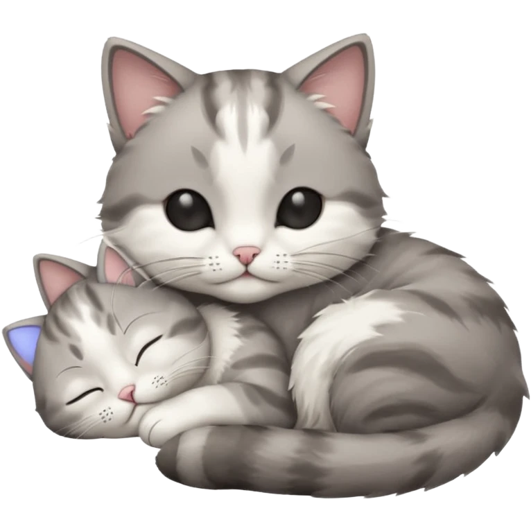 1 grey and white small cat with its eyes closed lying down leaning on its elbow with its paw curled under its head holding it up emoji