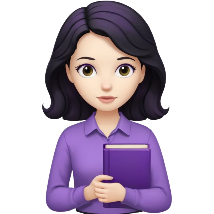 Long Hair Women with Black wavy hair, with purple Book, beige shir, without background emoji