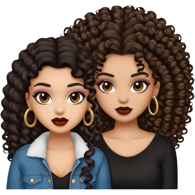 Boujy baddie best friends, trendy heavy makeup both dark hair one light skinned and one light brown and add curls  emoji