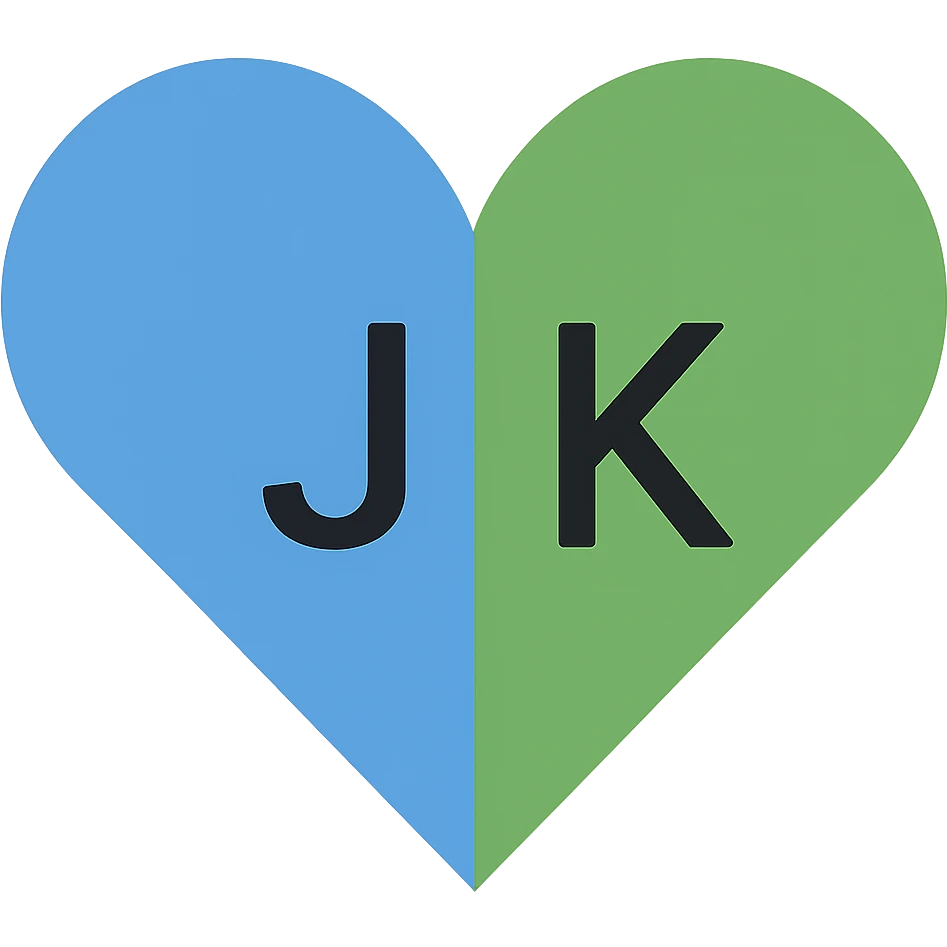 In the blue and green heart, place the letter J on the blue part and the letter K on the green part, maintaining a minimalistic style with a transparent background. emoji