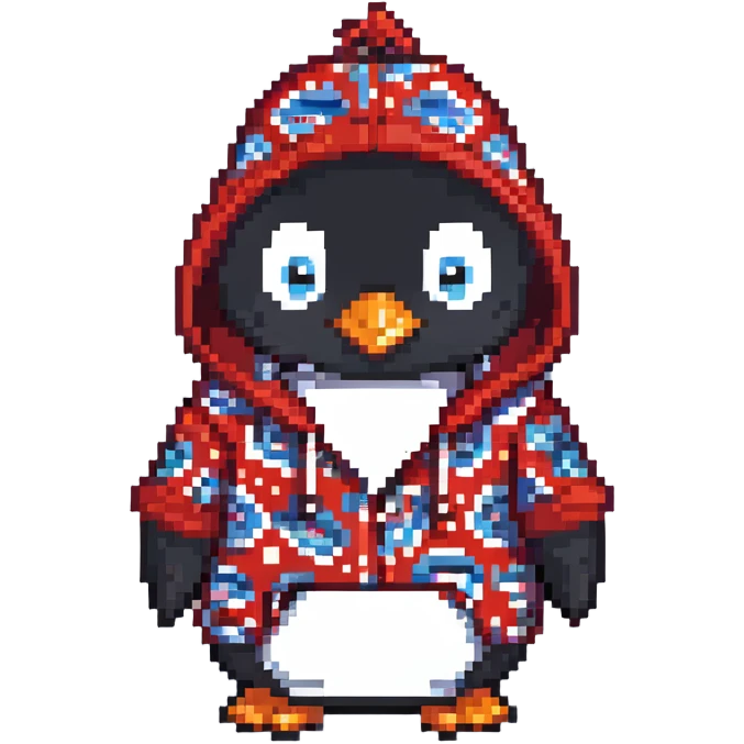 penguin wearing a red paisley pattern hoodie emoji