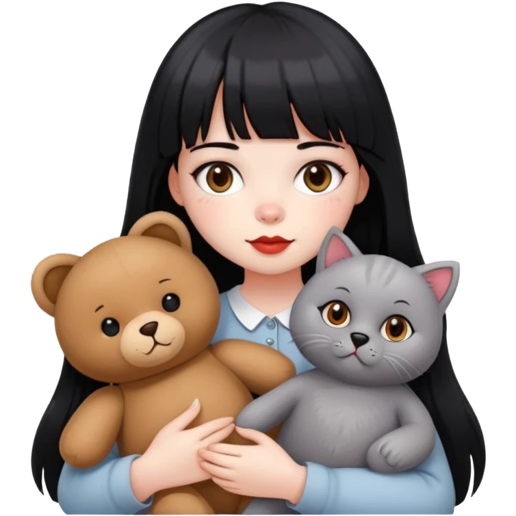 girl,white face,black eyes,red cheeks,long black hair with bangs,holding a British grey cat and a brown teddy bear emoji