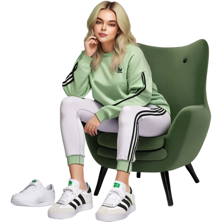 Girl long bright blonde highlighted hair middle part with rosy cheeks and plump mauve lips green eyes and wearing a white sweatshirt and black leggings with black and white adidas OG Samba sneakers sitting in a cozy chair posing with legs over the side of chair  emoji