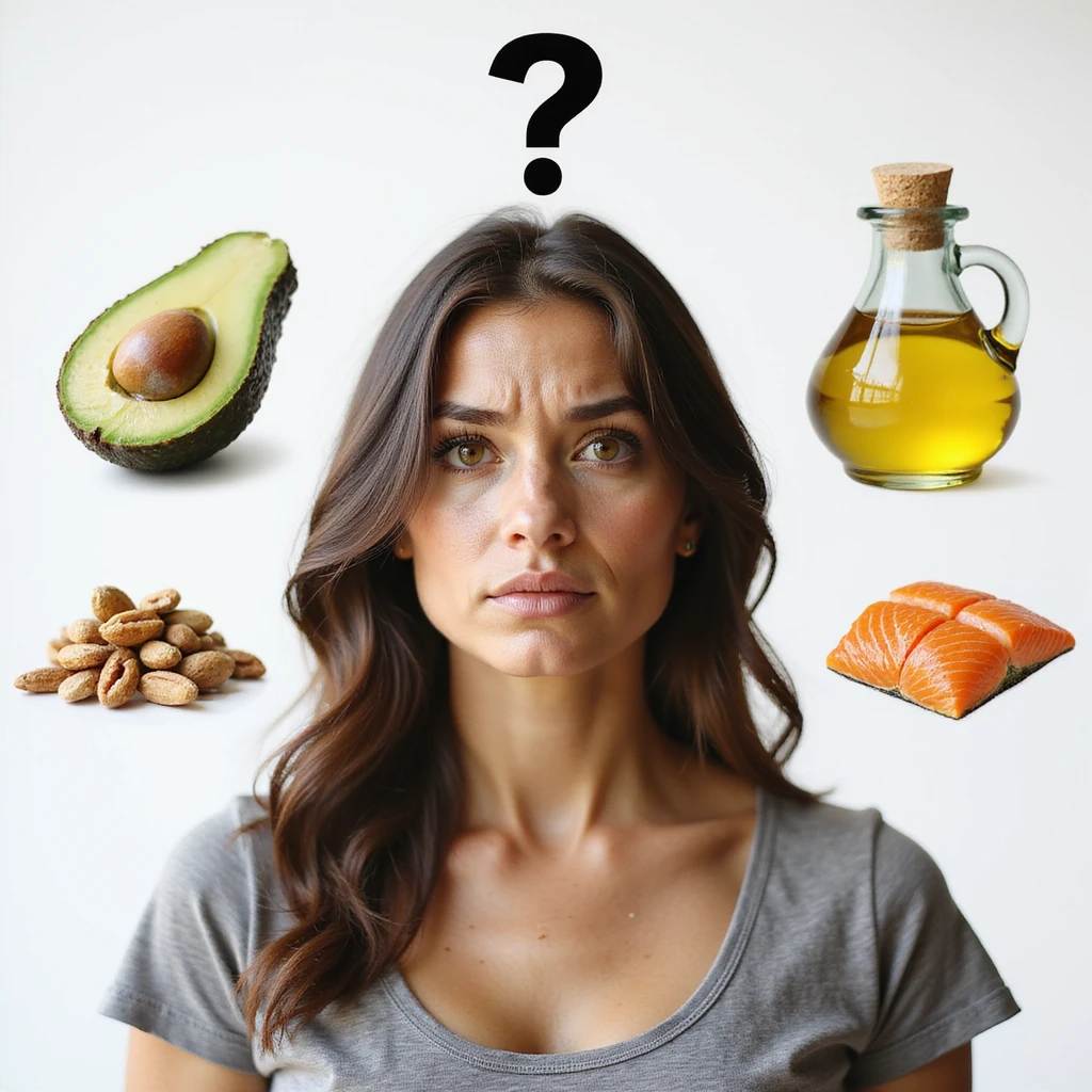 realistic woman with confused expression, slightly changed face position, surrounded by realistic icons of healthy fats (avocado, olive oil, nuts, salmon), question mark above head, hyperrealistic details, natural light, PNG without background, variant 5 emoji