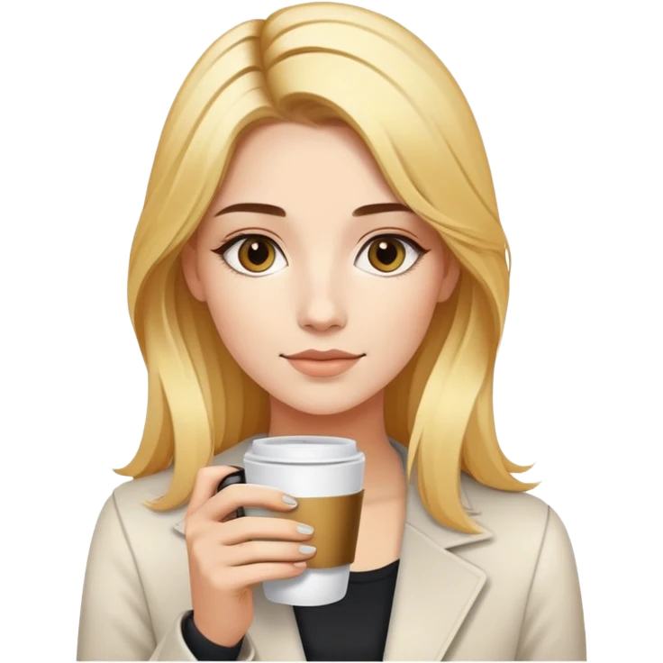 Young woman with golden hairs with dark roots holding a cup of coffee and iqos emoji