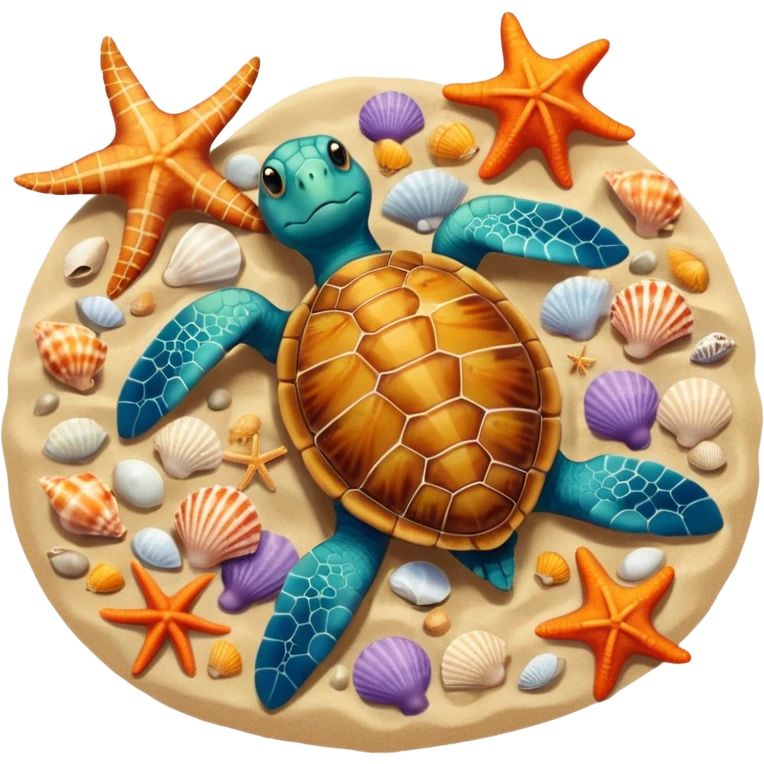 turtle, starfish, and shells together on sandy beach, top-down view emoji
