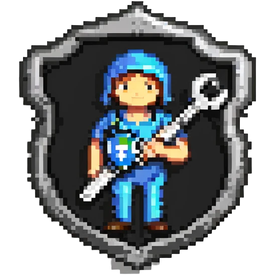 Shield-shaped badge with pixel art person holding car wrench key, colorful IT support design emoji