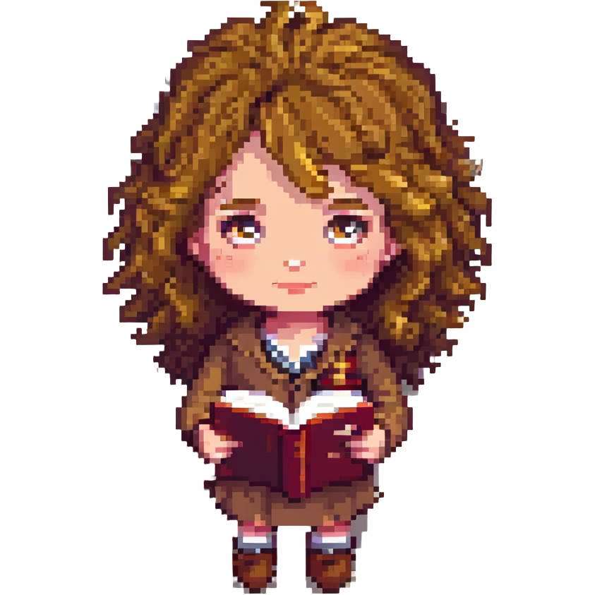 pixel art style Hermione Granger character with bushy hair and book emoji