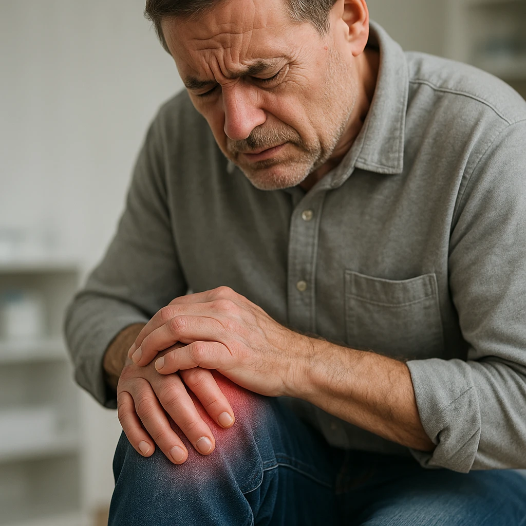 realistic image of a man with joint problems, showing discomfort in his knees or hands, medical and respectful context, no explicit details emoji