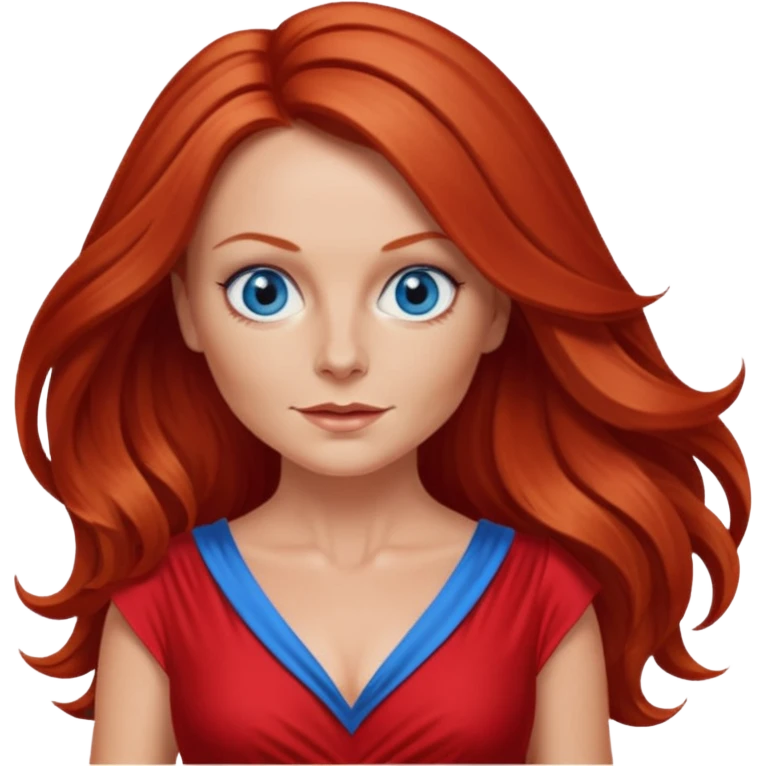 Geri Halliwell with red long hair, blue eyes, red outfit emoji