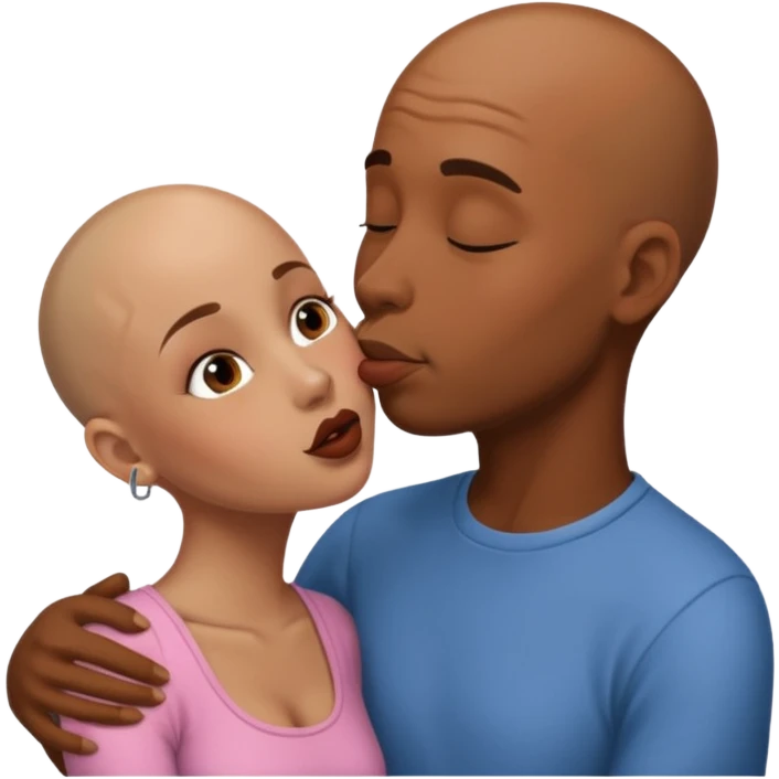 Brown skin bald man kissing brown skin girl emoji