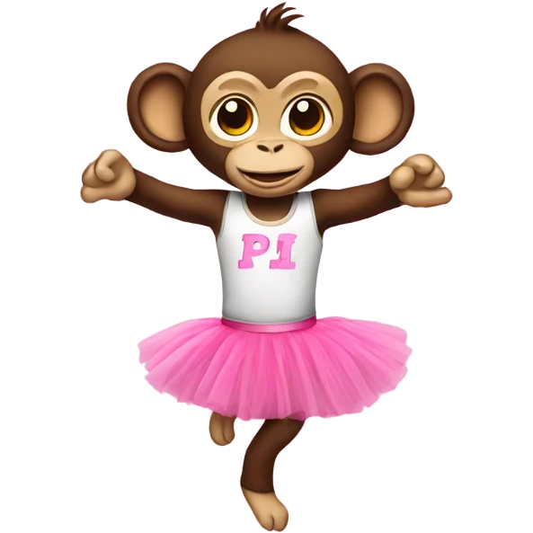 A monkey wearing a pg tops t shirt and a pink tutu emoji