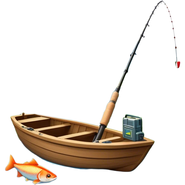Icon for Fishing Travel: a boat on a calm lake surrounded by mountains and lush greenery, with fish jumping out of the water, a fishing rod, tackle box. The icon should capture the peaceful and adventurous nature of fishing trips. Transparent background. emoji