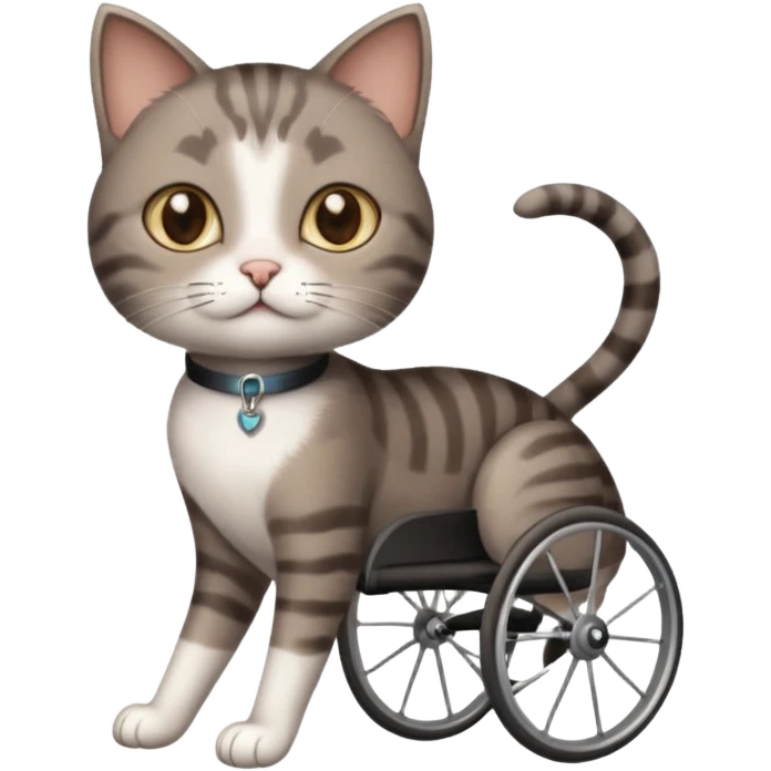 full body small short hair dark brown and white cat with hazel eyes walking in a wheelchair for cats emoji