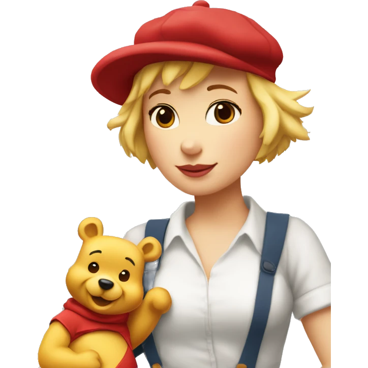 parisien style white female pooh, with red beret on head like painter and baguette in arms, and with eiffel tower in background emoji