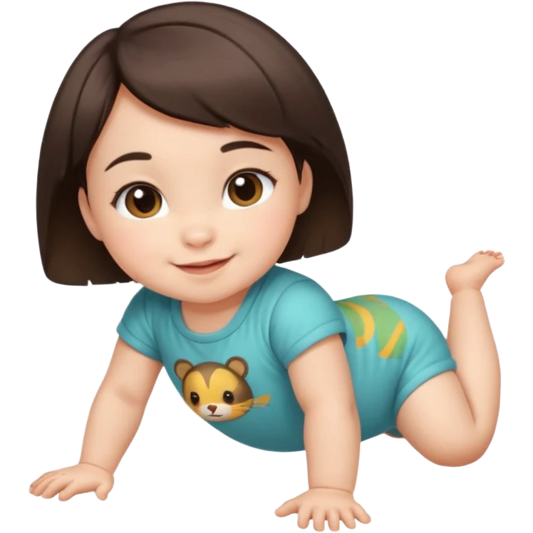 short brunette hair baby crawling on the floor with cute animal symbol clothes emoji