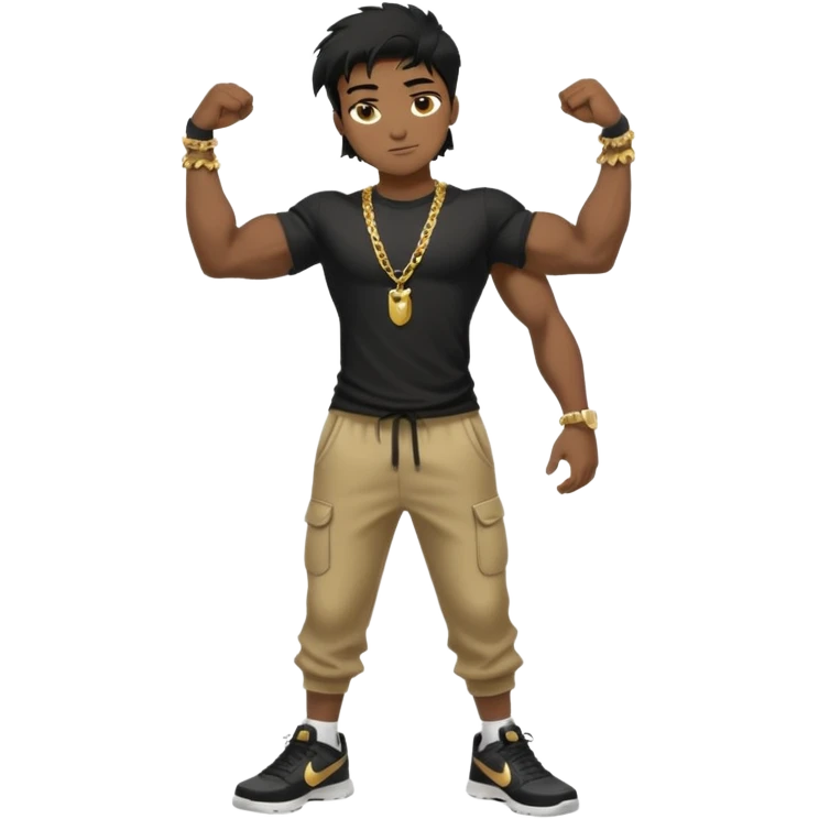 full body view of muscular teen boy with veiny hands arms and biceps. has messy black hair with dark-tan skintone with black tshirt. has gold chain and nike shoes with baggy pants emoji