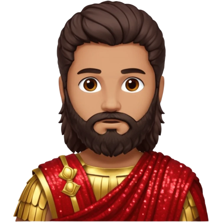 Mars from Roman Deities with long dark brown hair and beard, red sequin toga, light tan skin emoji