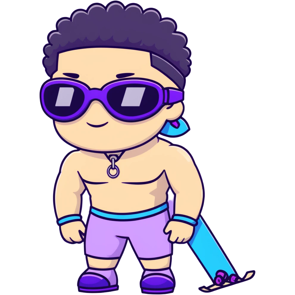 shirtless male athlete with white skin and moderately curly black hair on top with shaved sides, wearing purple ski goggles with black tinted lenses, and a simple plain black chain necklace, no earrings emoji