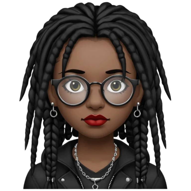 Black goth girl with piercings on both her brows, septum and lips with black dreadlocks and block glasses  emoji