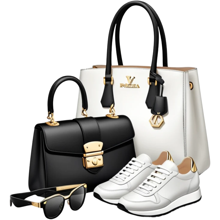 1 bag and 1 watch, and 1 glasses, 1 pair of shoes, and 1 rolex, all BLACK AND WHITE AND SILVER OR WHITE PLATED GOLD put together like a bundle with no face, all luxury items like lv and prada, and rolex, and balenciaga emoji