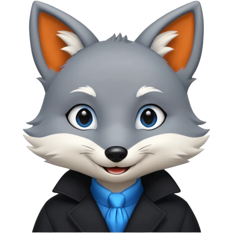 Grey anthropomorphic furry fox with a black coat, blue eyes, and a small fringe of black hair, smiling emoji