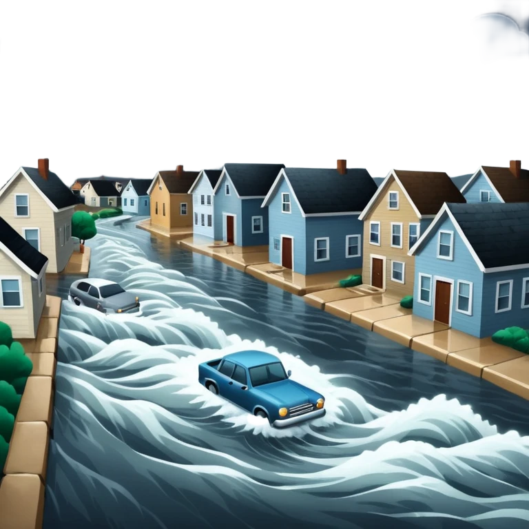 showing a flood disaster scene with strong water waves overflowing streets, partially submerged houses and cars, dark cloudy sky emoji