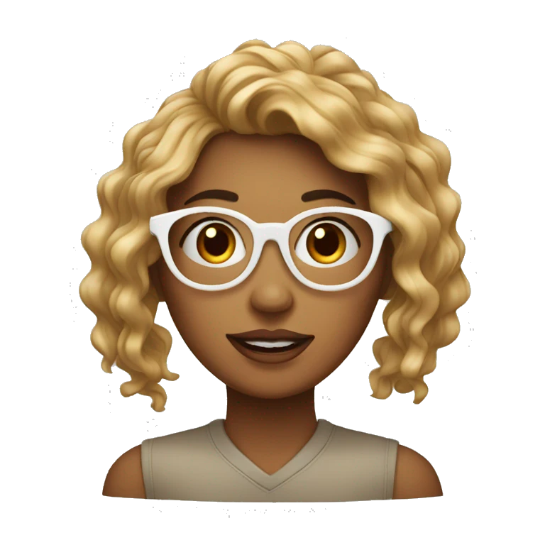 Mujer adolescente con cabello café rizado y lentes emoji