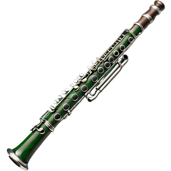 Create an elegant and refined emoji representing the Buffet Crampon Legende Green Line A clarinet. The design should showcase the sleek, dark wood finish of the clarinet with its shiny metal keys and elegant detailing. Include the distinct, high-quality features of the Green Line model, such as the unique greenish tint of the wood, giving it a modern and sophisticated look. Add subtle elements like the mouthpiece with the reed, emphasizing its importance in sound production. Use dark tones like ebony, silver for the keys, and soft light reflections to evoke a professional, classical feel. The background should be transparent. emoji