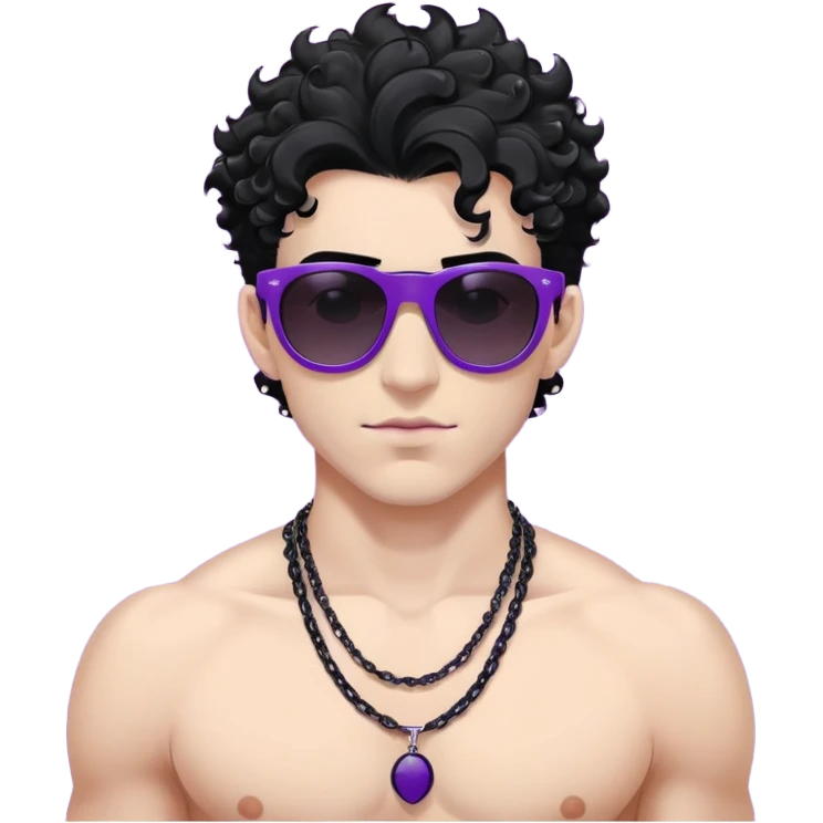 shirtless male athlete with white skin and moderately curly black hair on top with shaved sides, wearing purple sunglasses with very dark heavily tinted black lenses that completely hide the eyes, and a plain black chain necklace emoji
