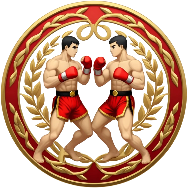 Round emblem symbolizing striking martial arts. The emblem features two fighters in dynamic stances, one delivering a powerful punch while the other defends with a block. In the center, a stylized fist and foot crossed to represent the essence of striking.  emoji