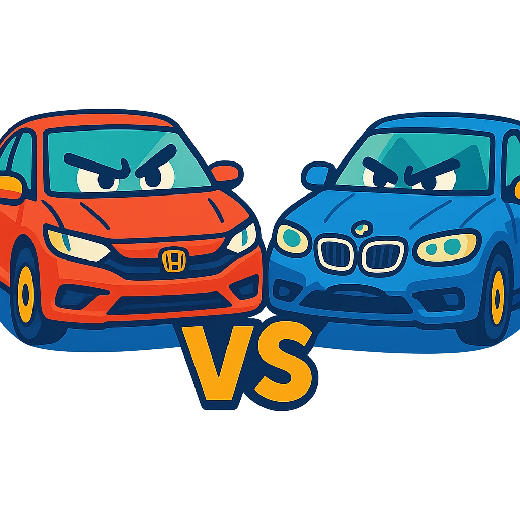 Honda and BMW cars in a fun face-off, vibrant colors emoji