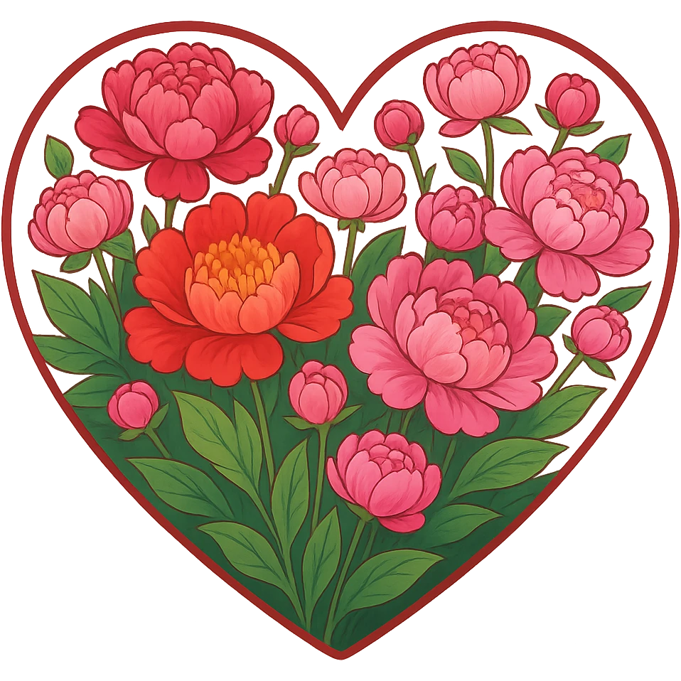 heart with a vibrant peony garden, clean digital illustration, remove background emoji