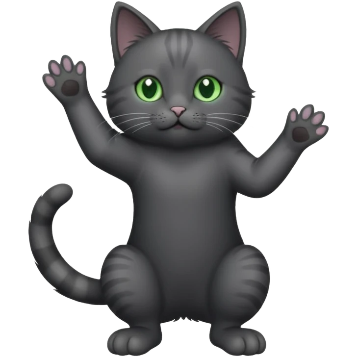 full body gorgeous solid dark grey cat with green eyes, white paws and white whiskers reaching for something emoji