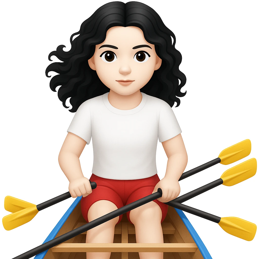Kızın tenini daha beyaz yap, siyah uzun dalgalı saçlı, kırmızı şort ve beyaz kısa kollu tişörtle olimpik kürek sporu yapıyor emoji