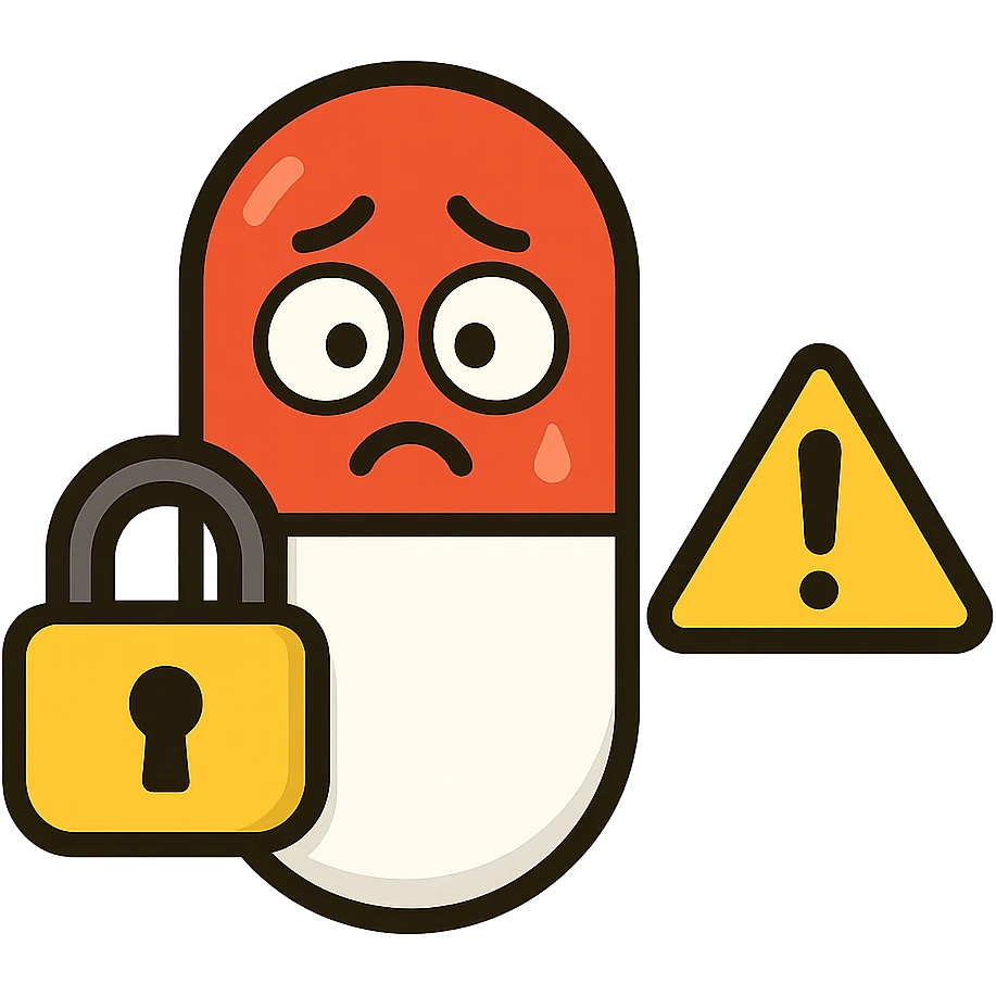 flat toon style cartoon icon of a red medicine capsule with a padlock, anxious eyes, warning sign emoji