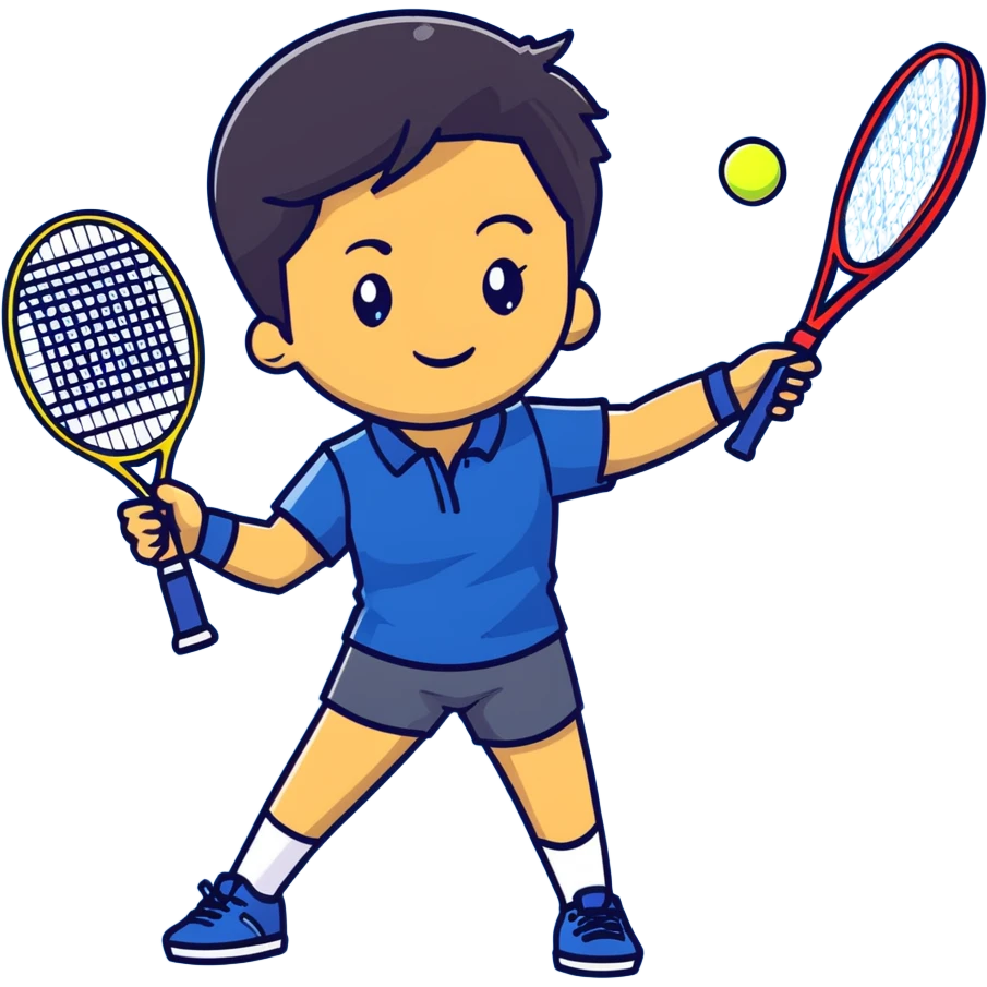 light brown skinned tennis coach, short straight black hair with widow's peak, oval face, small eyes, smiling, holding blue Yonex racket, wearing navy blue dry fit shirt emoji
