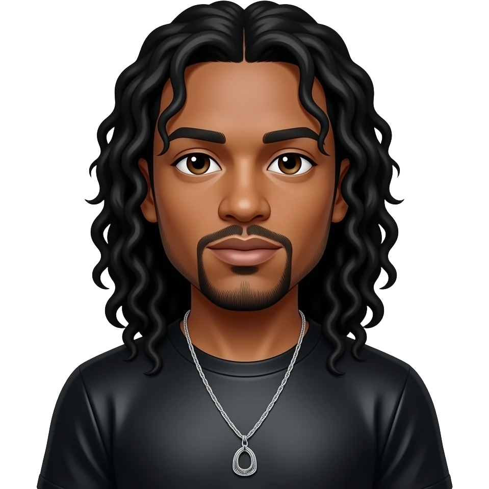 Bizzy Bone from Bone Thugs-n-Harmony with light skin, dark brown eyes, long black wavy hair, black metallic t-shirt, necklace emoji