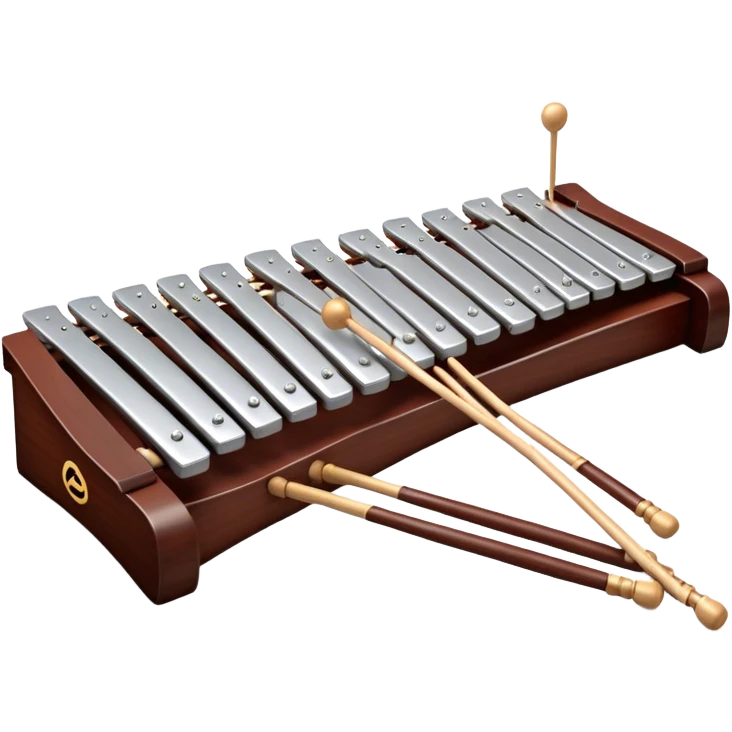 Create a detailed and professional emoji representing a Fleet FLT-SX37 long orchestral wooden xylophone. The design should showcase the large wooden bars of the xylophone, arranged in a traditional setup, with soft metallic accents on the mallets. The bars should have a rich wood texture, with polished details to reflect the quality of the instrument. The mallets should be held above the bars, with the heads clearly visible. Use warm, rich wood tones like mahogany and light brown, with silver or metallic accents for the mallets. Add subtle musical notes floating above the xylophone to emphasize its melodic sound. The background should be transparent. emoji