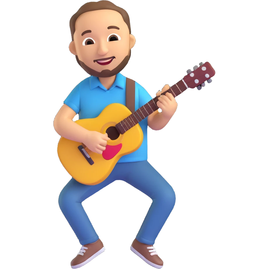 Ruben Blades emoji, playing guitar, casual shirt, joyful expression emoji