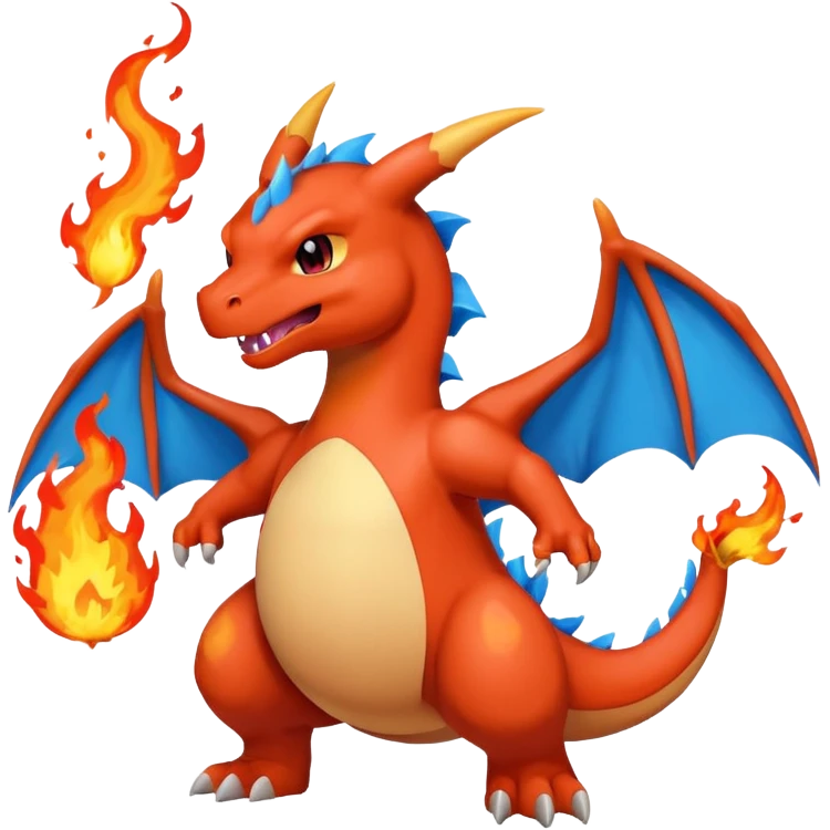 cute minimalistic red charizard pokemon throwhing flames 2 horns, blue wings only on the inside part emoji